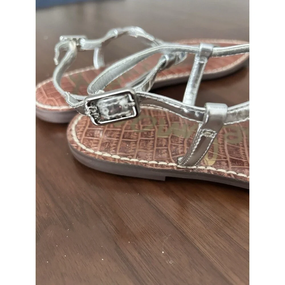 Sam Edelman Women’s Silver Leather Thong Flat Ankle Strap Buckle Sandals US 7